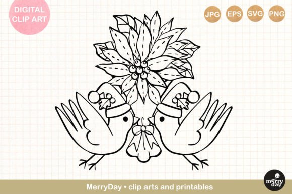 Christmas Flower Birds Line Art Illustrations