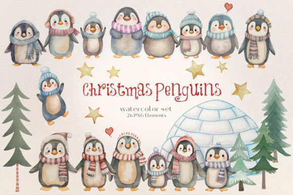 Winter Penguins Clipart Christmas Illustrations
